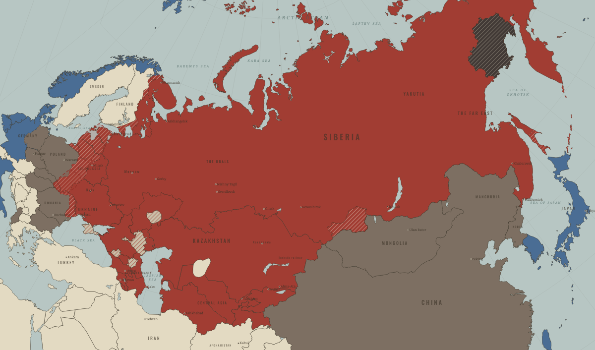 Map of the Soviet Union in October 1949 (Stalin era): NATO, the GDR and the People’s Republic of China. Colours show The Soviet Union, Rivals & the Western bloc, Satellites & communist allies.