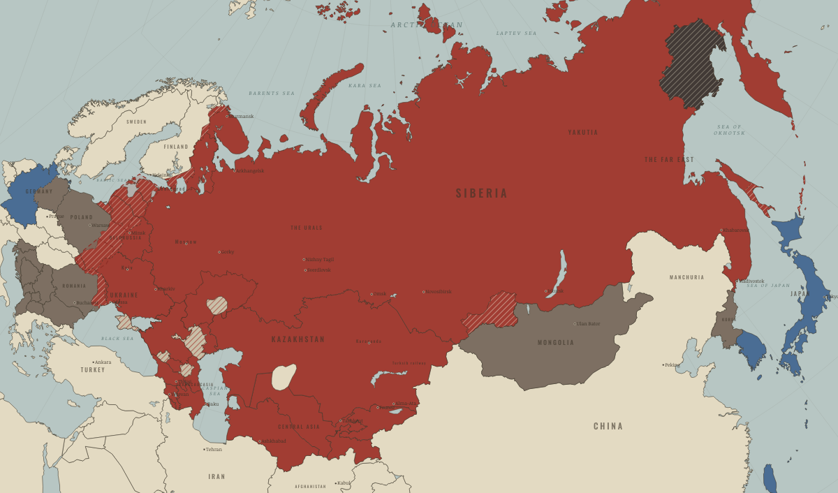 Map of the Soviet Union in September 1945 (Stalin era): Victory — the new frontiers and the new satellites. Colours show The Soviet Union, Satellites & communist allies, Annexed by the USSR, 1939–45.