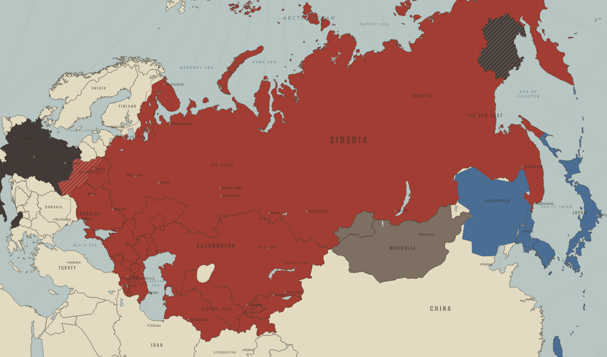 Map of the Soviet Union in September–December 1939 (Stalin era): Eastern Poland annexed; Stalin turns sixty. Colours show The Soviet Union, Nazi Germany & its allies, Rivals & the Western bloc.
