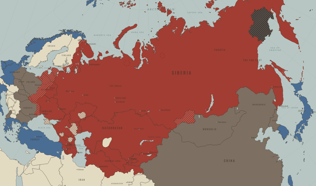 Map of the Soviet Union in summer 1953 (Stalin era): Stalin dead; the camps strike. Colours show The Soviet Union, Rivals & the Western bloc, Satellites & communist allies.