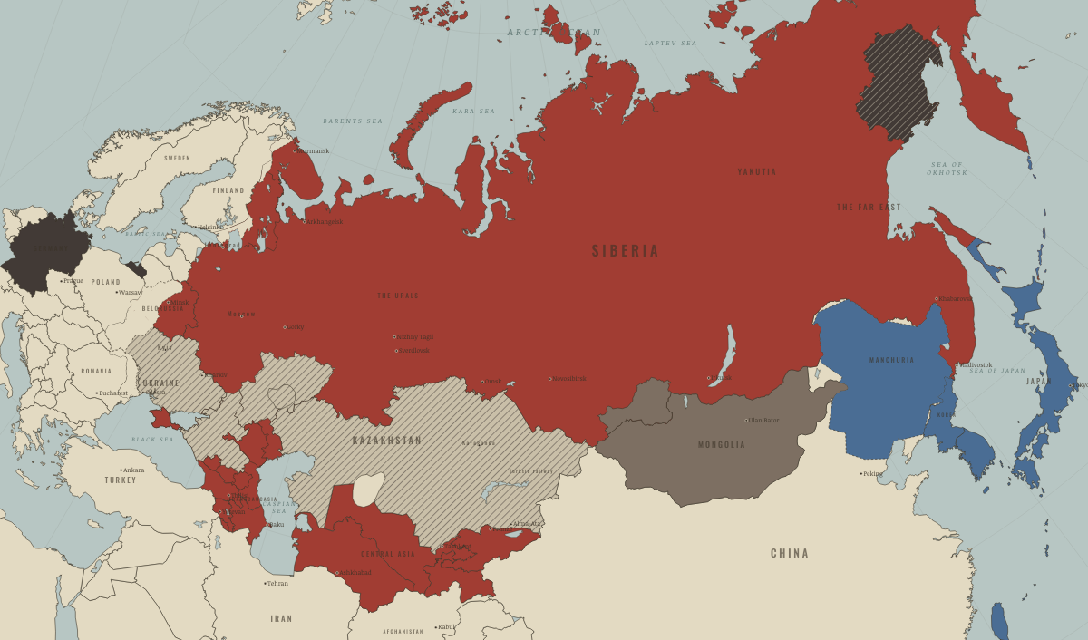 Map of the Soviet Union in winter 1932–33 (Stalin era): The famine at its height; Hitler in power. Colours show The Soviet Union, Famine regions (memorial), Rivals & the Western bloc.