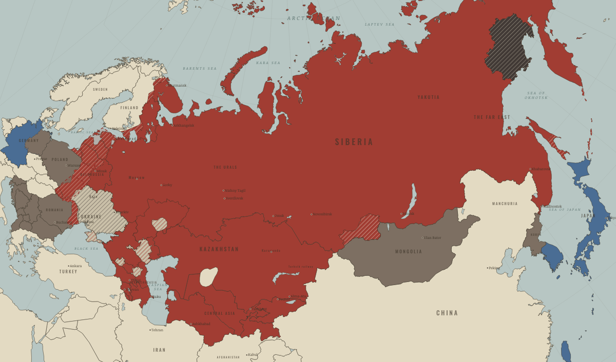 Map of the Soviet Union in winter 1946–47 (Stalin era): Famine returns to Ukraine and Moldavia. Colours show The Soviet Union, Satellites & communist allies, Annexed by the USSR, 1939–45.