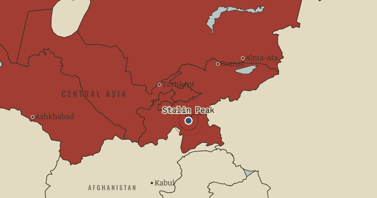 Map showing Stalin Peak (Ismoil Somoni Peak) (1933), turning point in The Soviet Union under Stalin, 1924–1953