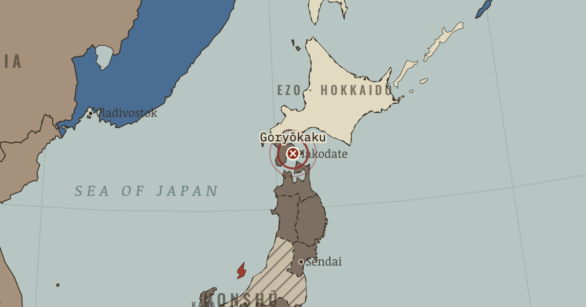 Map showing Battle of Hakodate (1869), battle site in Remaking the State: Meiji Japan 1600–1912 and Post-Soviet Russia 1964–2000