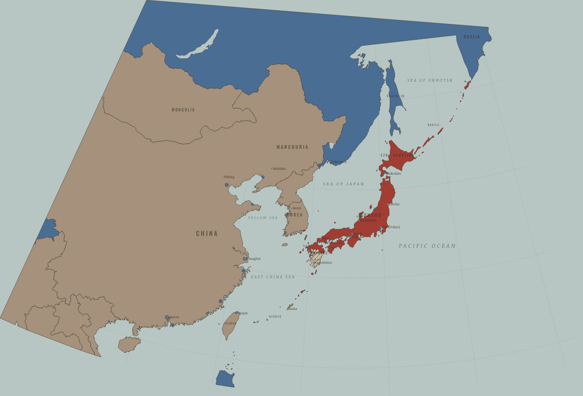 Map of Japan in April 1877: The Satsuma Rebellion. Colours show Independent neighbours, Western powers and allies, Meiji Japan and its empire.