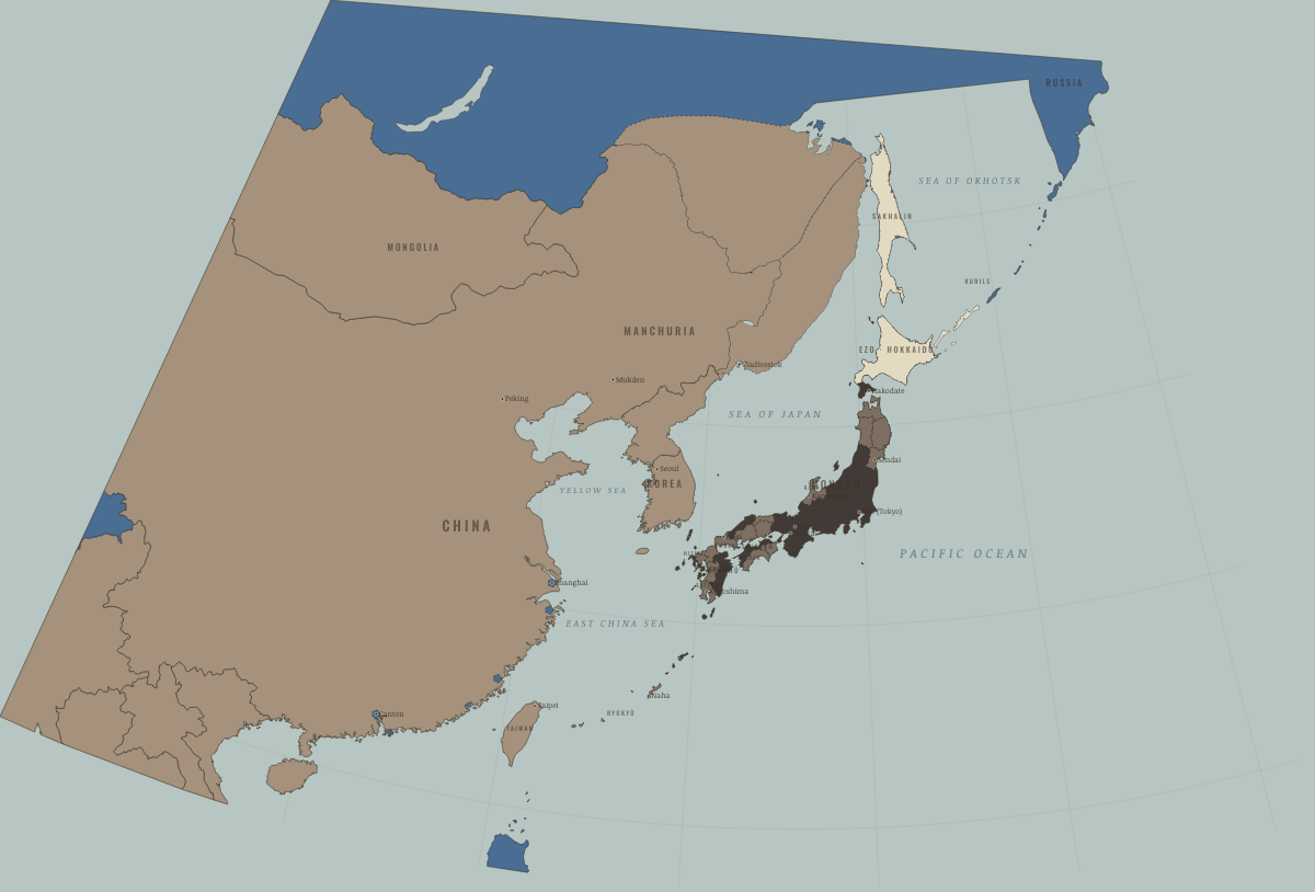 Map of Japan in August 1842: Nanking: five Chinese ports opened. Colours show Independent neighbours, Western powers and allies, The shogun’s lands and allies.