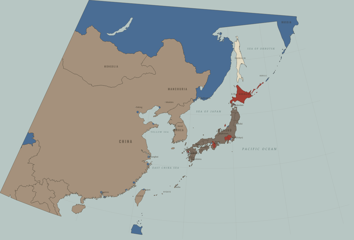 Map of Japan in August 1869: The lords surrender their registers. Colours show Independent neighbours, Western powers and allies, Domains, vassals, protectorates.