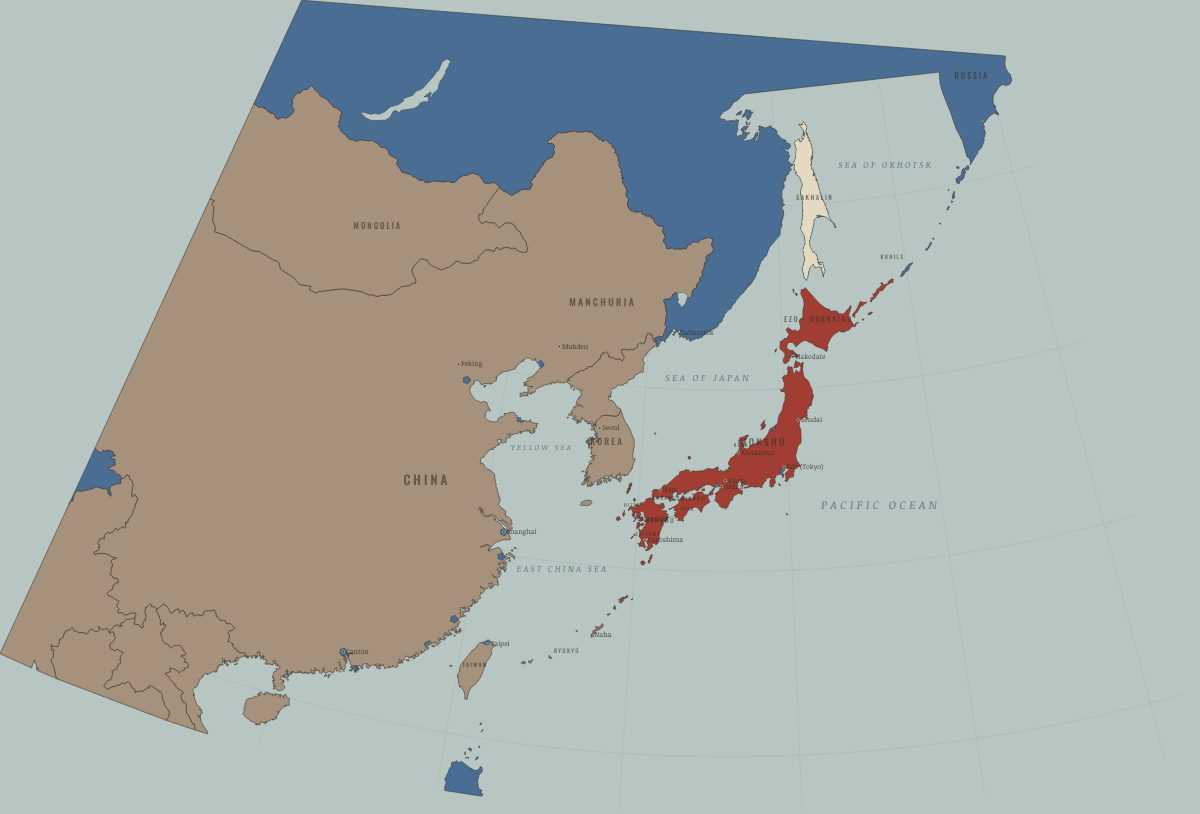 Map of Japan in August 1871: The domains abolished. Colours show Independent neighbours, Western powers and allies, Meiji Japan and its empire.