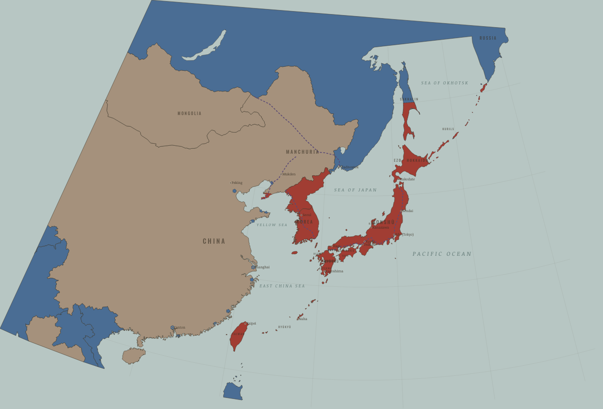 Map of Japan in August 1910: Korea annexed. Colours show Western powers and allies, Meiji Japan and its empire, Independent neighbours.