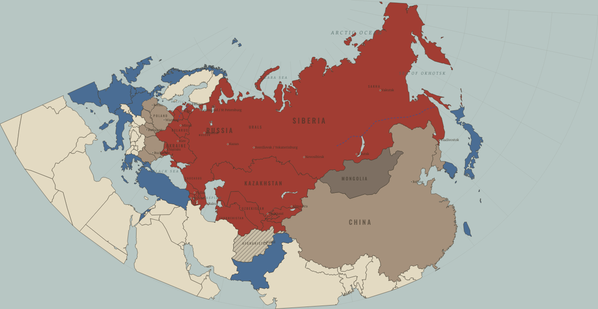 Map of the Soviet Union in December 1989: The bloc falls; the Baltic Way. Colours show Western powers and allies, The USSR, then Russia, Independent neighbours.