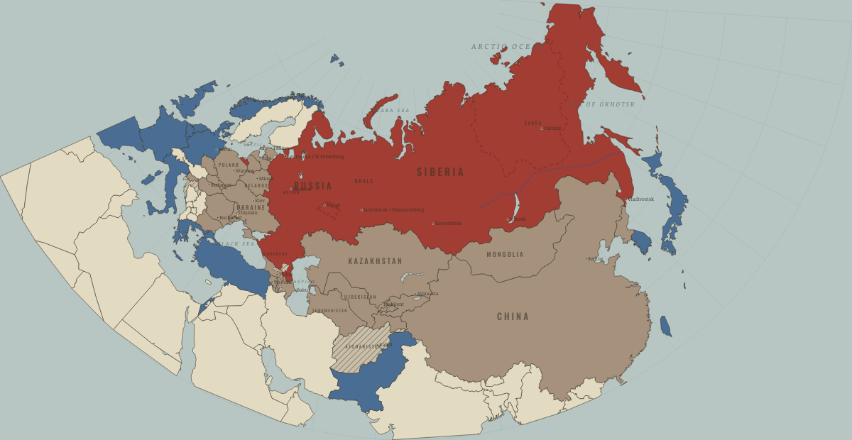 Map of Russia and the former Soviet Union in December 1991: The Soviet Union dissolved. Colours show Independent neighbours, Western powers and allies, War, rebellion, breakaway.