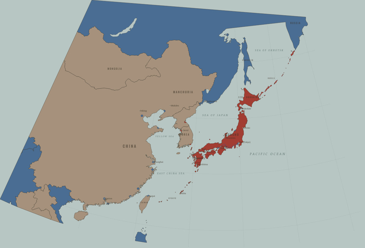 Map of Japan in February 1889: The constitution; Ryukyu annexed. Colours show Independent neighbours, Western powers and allies, Meiji Japan and its empire.