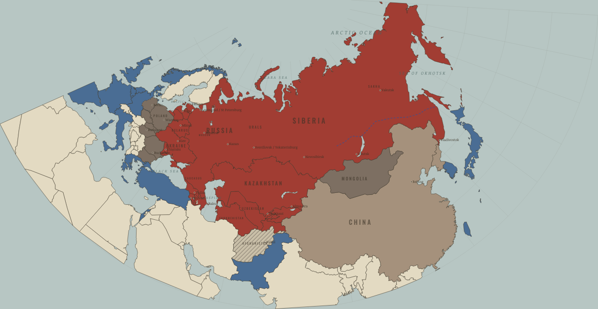 Map of the Soviet Union in February 1988: Karabakh votes to secede. Colours show Western powers and allies, The USSR, then Russia, Soviet-bloc states.