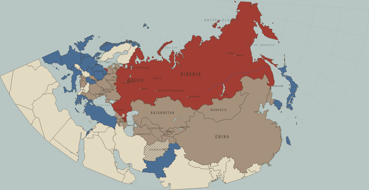 Map of Russia and the former Soviet Union in February 2000: Grozny falls; Putin takes power. Colours show Independent neighbours, Western powers and allies, The USSR, then Russia.