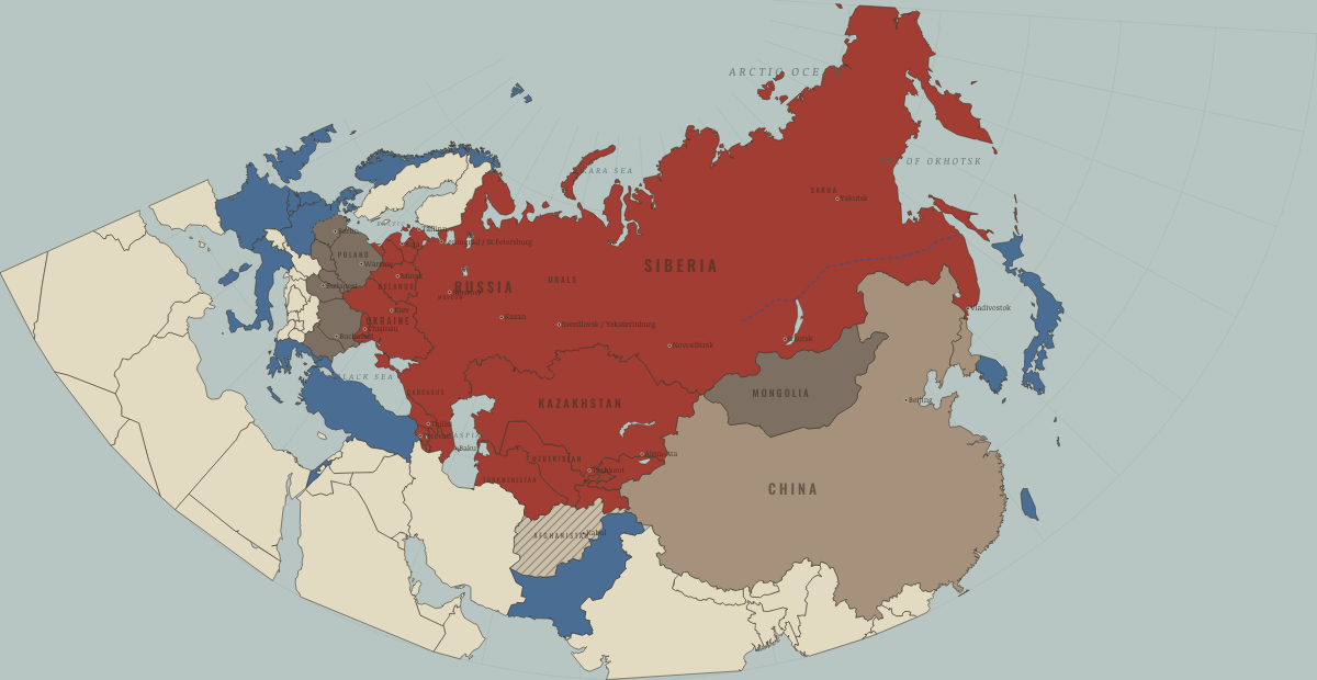 Map of the Soviet Union in January 1980: Afghanistan invaded. Colours show Western powers and allies, The USSR, then Russia, Soviet-bloc states.