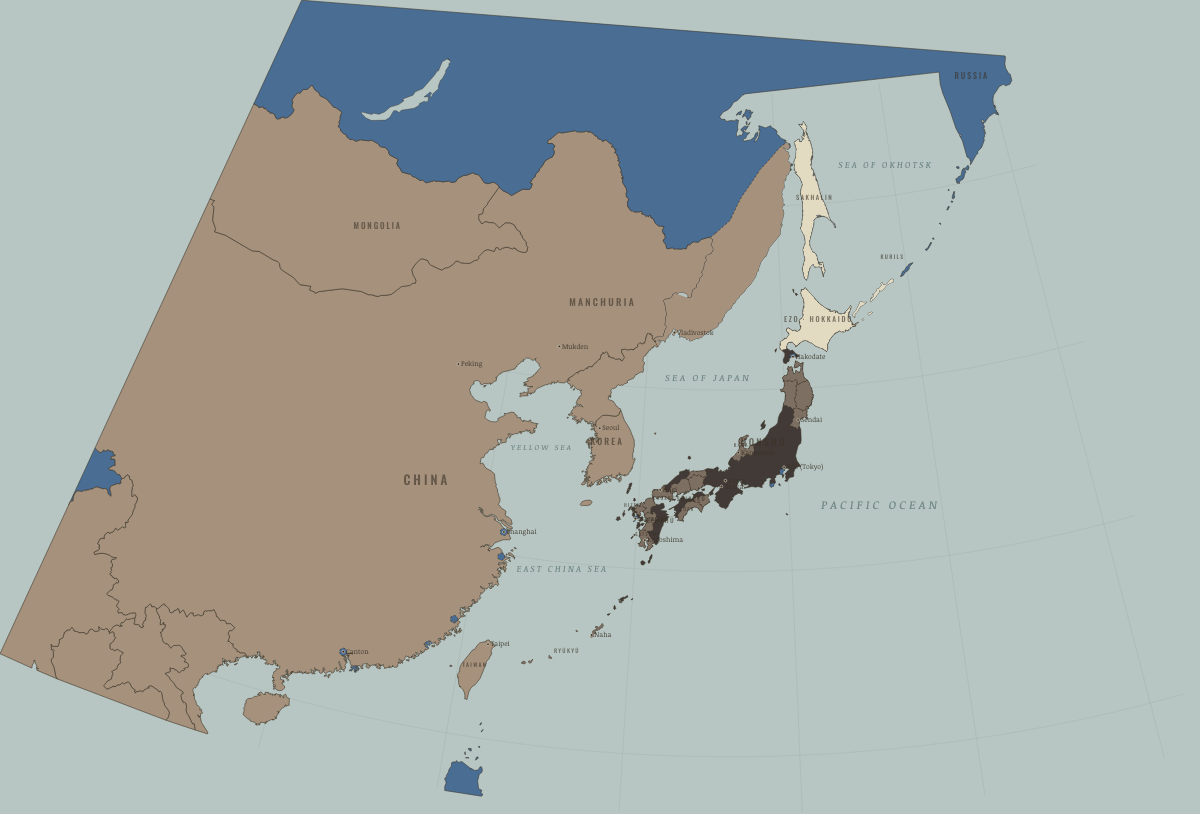 Map of Japan in July 1859: Ports open; Russia takes the Amur. Colours show Independent neighbours, Western powers and allies, The shogun’s lands and allies.