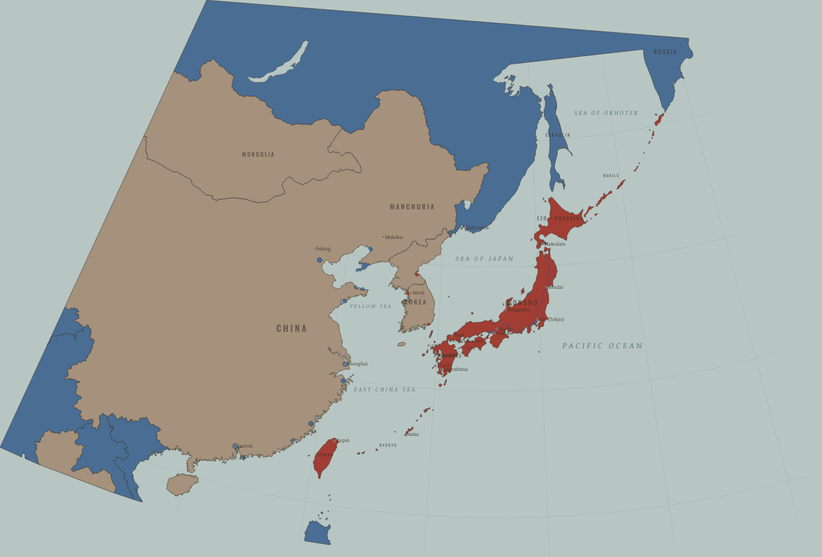 Map of Japan in July 1898: Port Arthur leased to Russia. Colours show Western powers and allies, Independent neighbours, Meiji Japan and its empire.