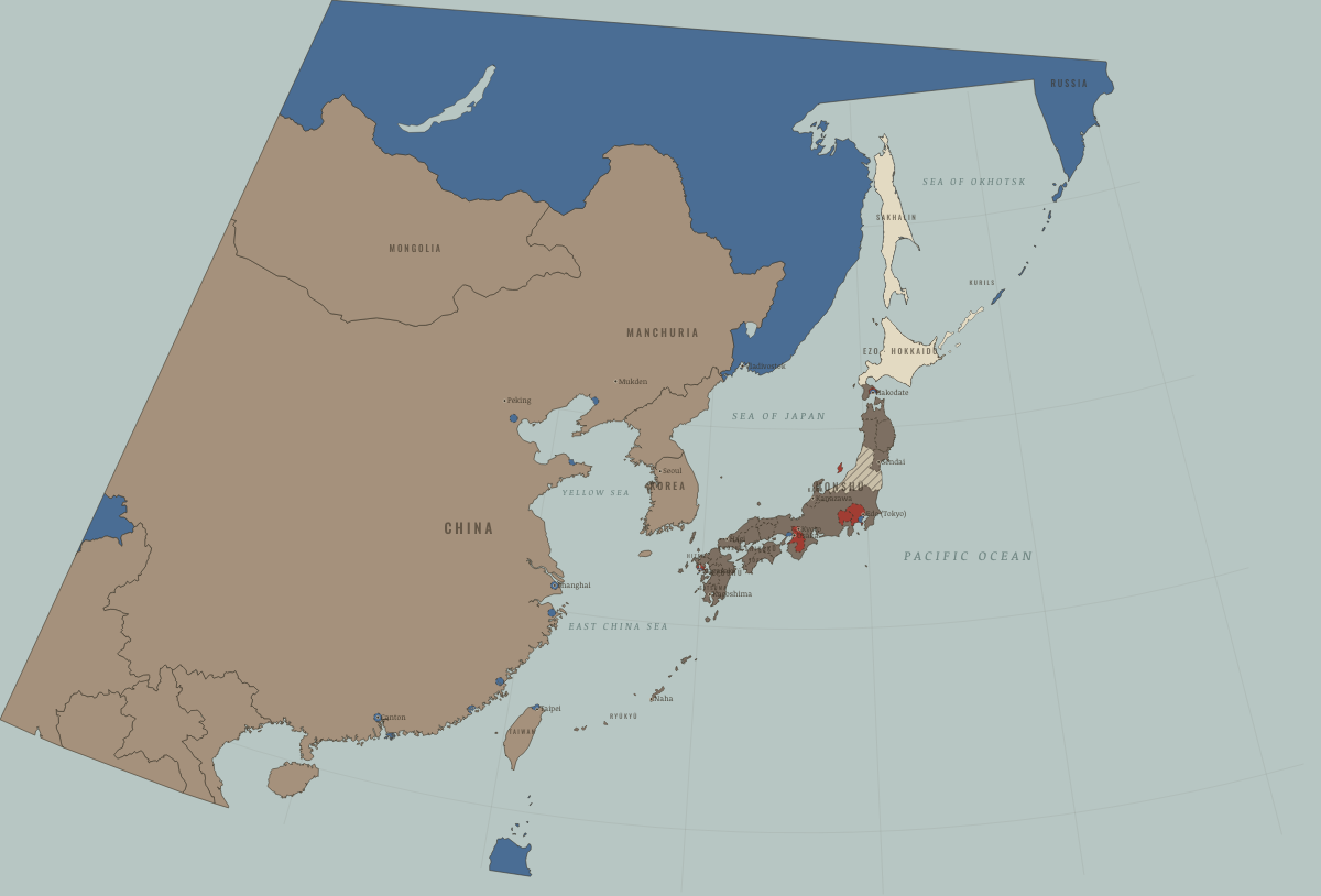 Map of Japan in June 1868: The Boshin War: the north in arms. Colours show Independent neighbours, Western powers and allies, Domains, vassals, protectorates.