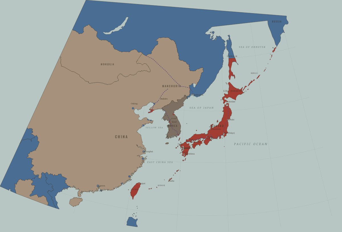 Map of Japan in November 1905: Korea made a protectorate. Colours show Western powers and allies, Independent neighbours, Meiji Japan and its empire.