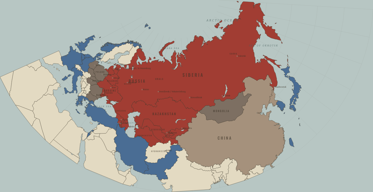 Map of the Soviet Union in October 1964: Brezhnev replaces Khrushchev. Colours show Western powers and allies, The USSR, then Russia, Soviet-bloc states.