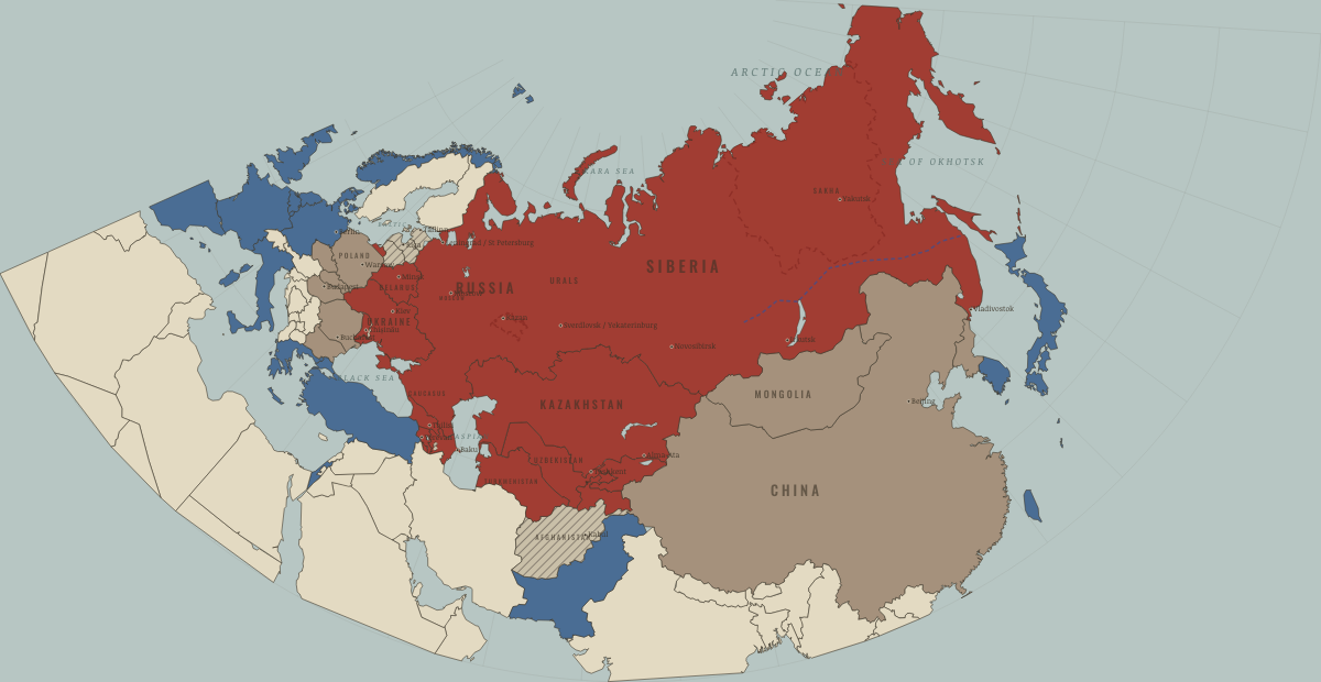 Map of the Soviet Union in October 1990: The parade of sovereignties. Colours show Western powers and allies, The USSR, then Russia, Independent neighbours.