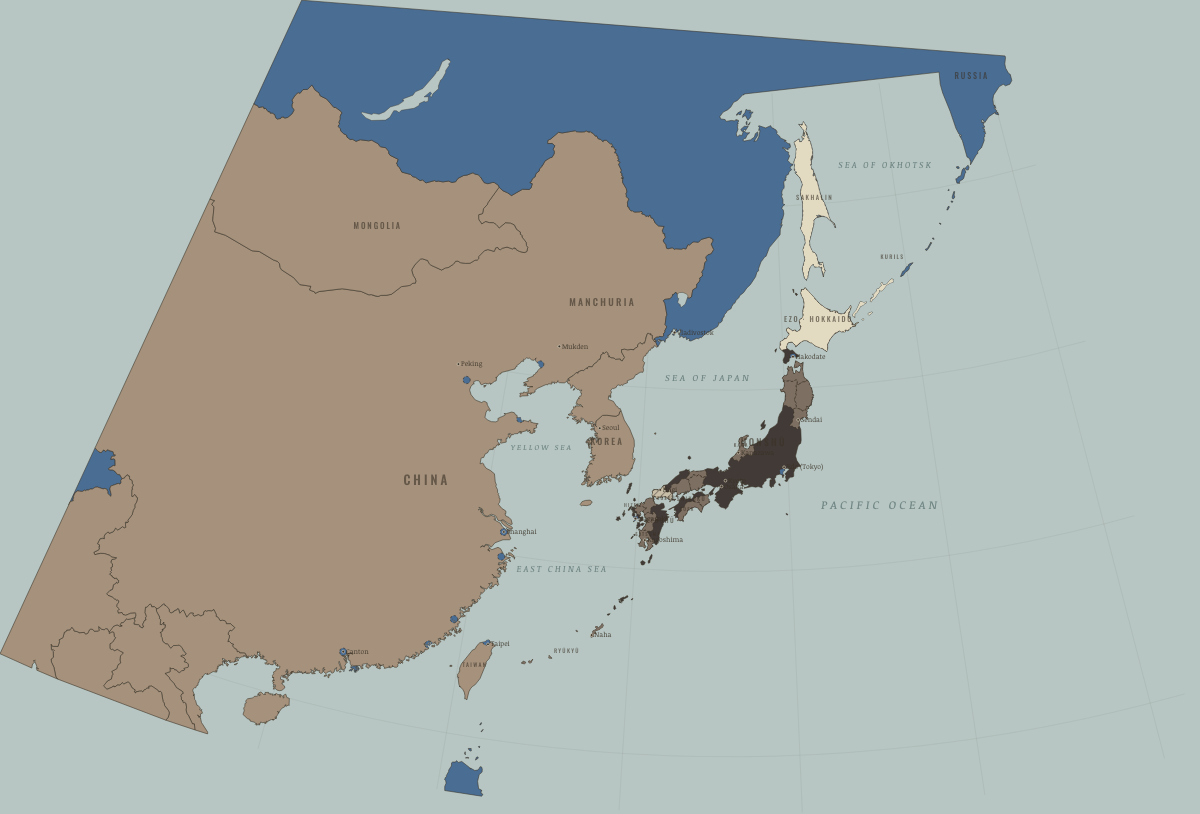 Map of Japan in September 1864: Chōshū at war; Russia on the Ussuri. Colours show Independent neighbours, Western powers and allies, The shogun’s lands and allies.