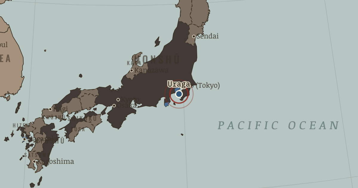 Map showing Perry Expedition (1853), turning point in Remaking the State: Meiji Japan 1600–1912 and Post-Soviet Russia 1964–2000