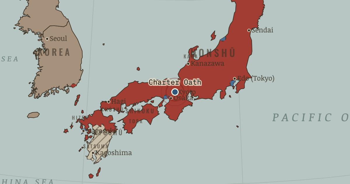 Map showing Charter Oath (1868), turning point in Remaking the State: Meiji Japan 1600–1912 and Post-Soviet Russia 1964–2000