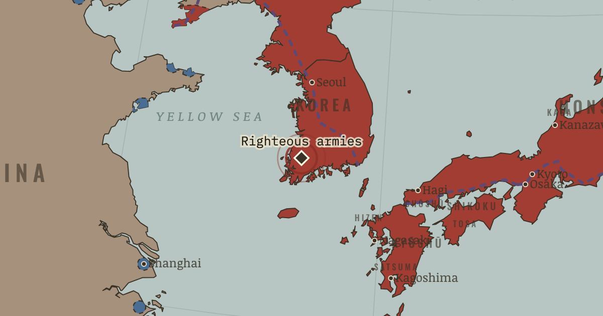 Map showing Korean righteous armies (1907–10), site of memory in Remaking the State: Meiji Japan 1600–1912 and Post-Soviet Russia 1964–2000