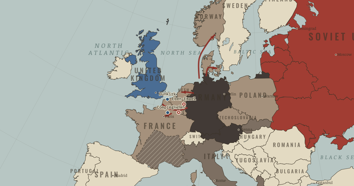 Map of Fall of France (Jun 1940): Narvik, Eben-Emael, Breakthrough at Sedan, Dunkirk evacuation, Armistice at Compiègne
