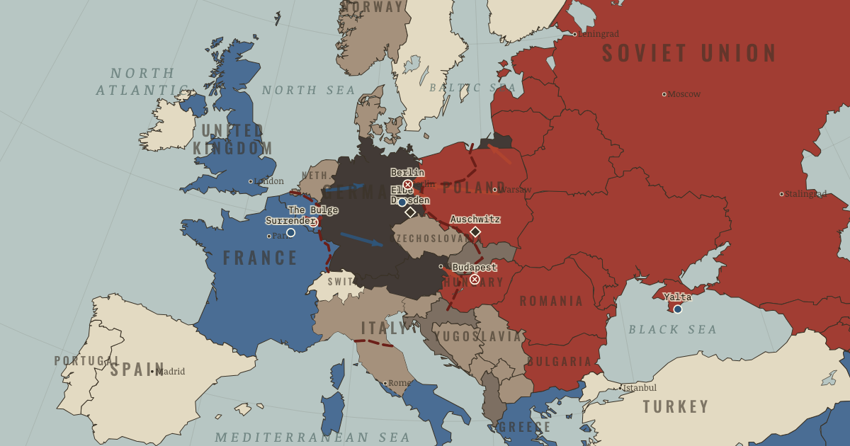 Map of End of WW2 in Europe (Feb 1945): Battle of the Bulge, Siege of Budapest, Auschwitz-Birkenau, Bombing of Dresden, Meeting at the Elbe