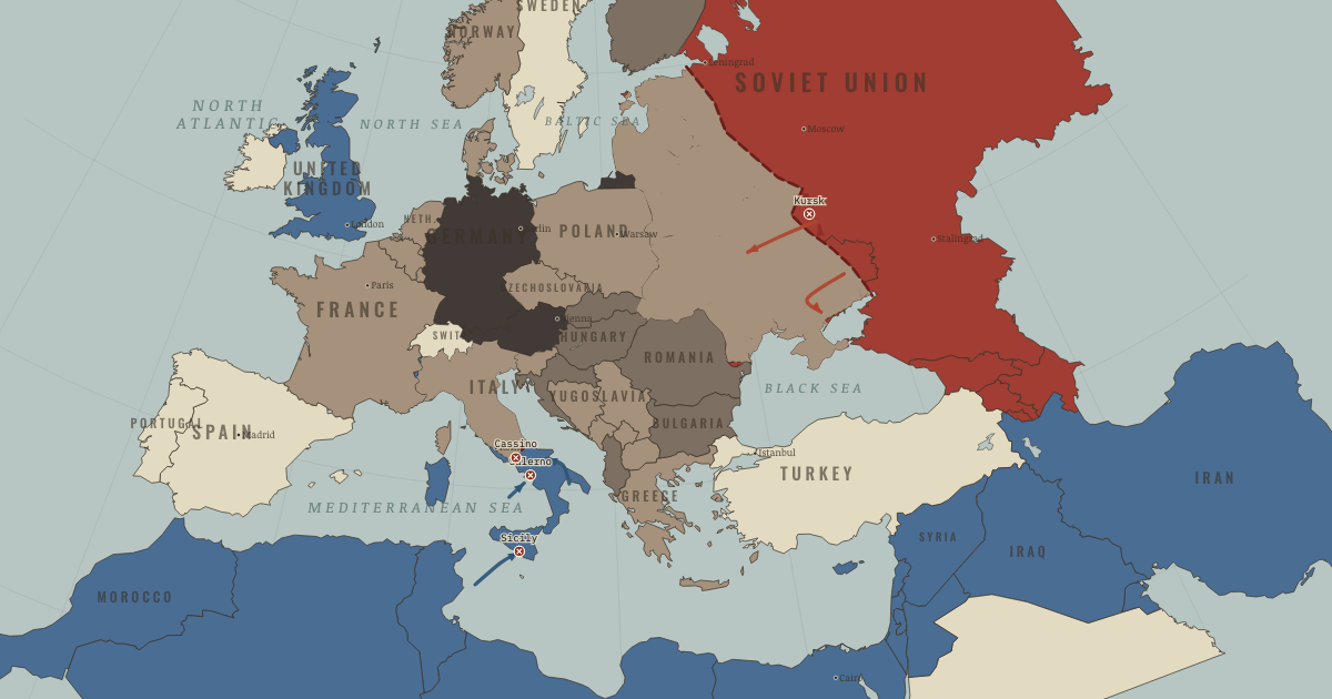 Map of Kursk and the fall of Mussolini (Jul 1943): Kursk, Invasion of Sicily, Salerno, Monte Cassino