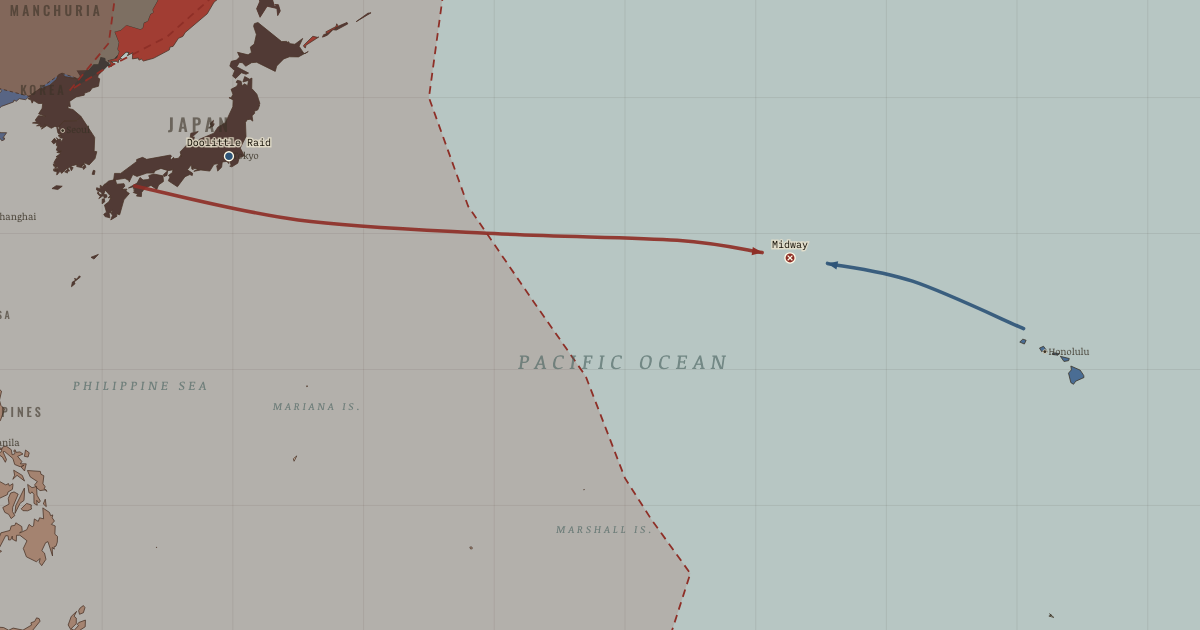Map of Battle of Midway (Jun 1942): Doolittle Raid, Coral Sea, Midway