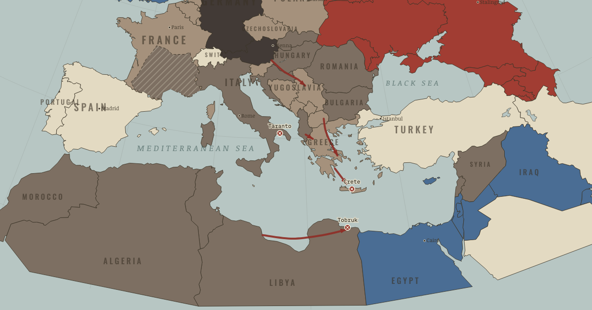 Map of Balkans and North African campaigns (May 1941): Raid on Taranto, Siege of Tobruk, Fall of Crete