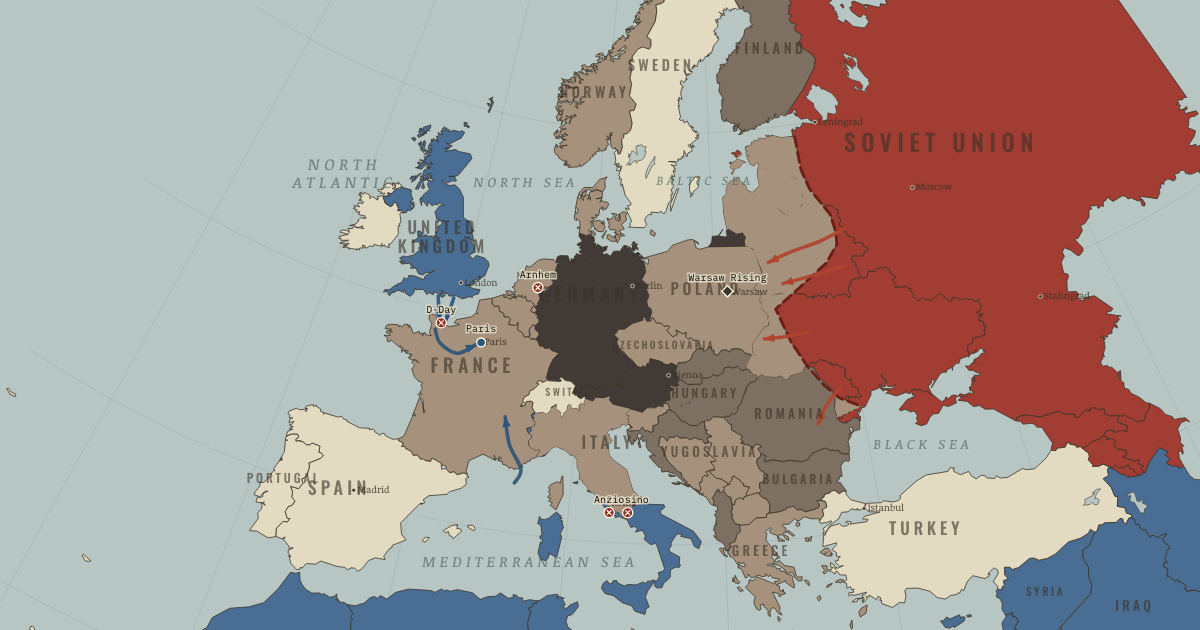 Map of D-Day and Operation Bagration (Jun 1944): Normandy — D-Day, Liberation of Paris, Warsaw Uprising, Monte Cassino, Anzio