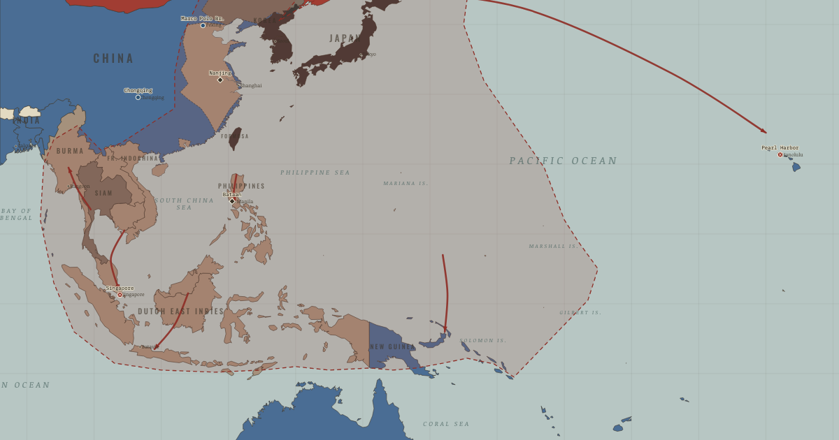 Map of Japanese expansion and Pearl Harbor (May 1942): Marco Polo Bridge, Nanjing, Khalkhin Gol, Chongqing, Pearl Harbor