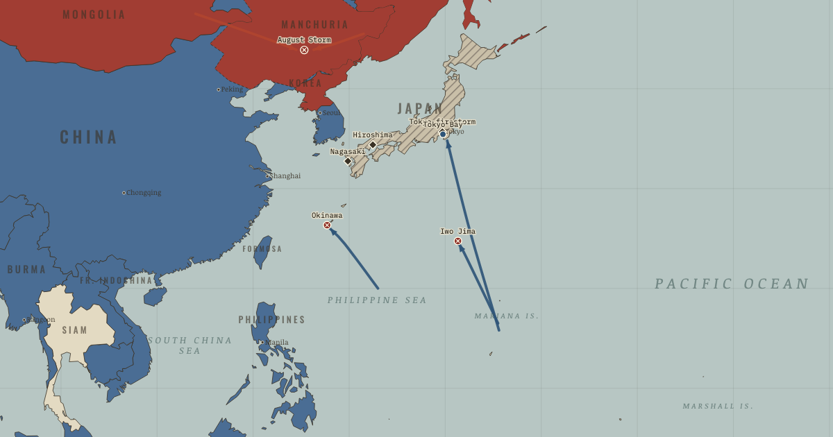 Map of End of WW2 in the Pacific (Aug 1945): Iwo Jima, Okinawa, Firebombing of Tokyo, Hiroshima, Nagasaki
