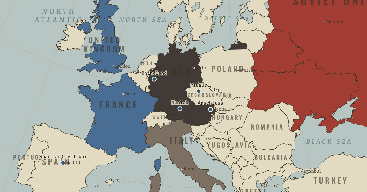 Map of Appeasement and the road to WW2 (Sep 1938): Remilitarization of the Rhineland, Spanish Civil War, The Anschluss, Munich Conference, Occupation of Prague