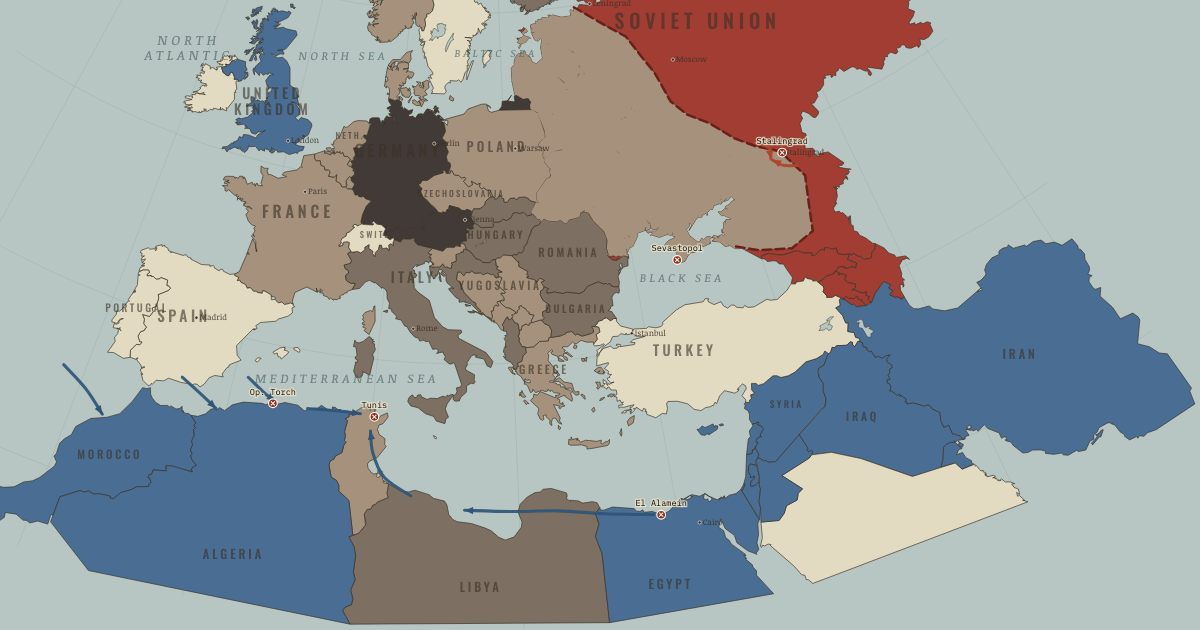 Map of Stalingrad and El Alamein (Nov 1942): Stalingrad, El Alamein, Operation Torch, Sevastopol, Tunis falls