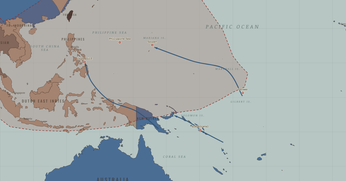 Map of Pacific island-hopping campaign (Nov 1943): Guadalcanal, Tarawa, Imphal & Kohima, Saipan, Philippine Sea
