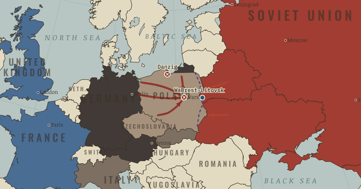 Map of Invasion of Poland (Sep 1939): Danzig & Westerplatte, Siege of Warsaw, Brest-Litovsk parade, Winter War