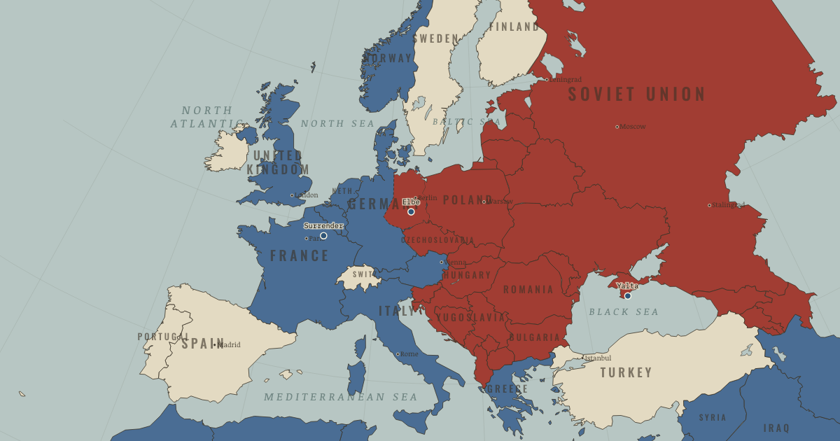 Map of Aftermath of WW2 (Oct 1945): Yalta Conference, Meeting at the Elbe, Unconditional surrender