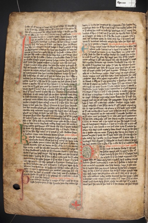 A manuscript page in dense two-column Old Norse script with a coloured initial letter: the opening of the Saga of the Greenlanders in Flateyjarbók.