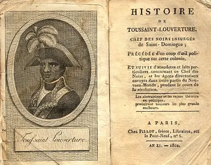 Title page of a French book of 1802, with an engraved oval portrait of Toussaint Louverture in a plumed hat and uniform beside the printed title.