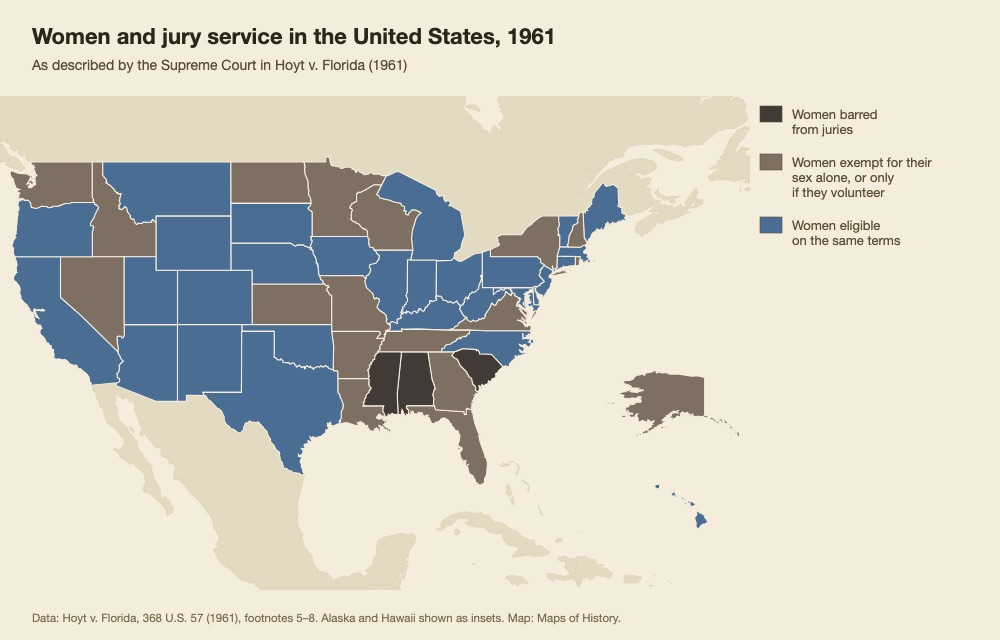 Map of the United States in 1961: Alabama, Mississippi and South Carolina barred women from juries; eighteen states, including Florida, New York and Georgia, let women serve only if they volunteered or exempted them for their sex; the rest treated women as eligible on the same terms.
