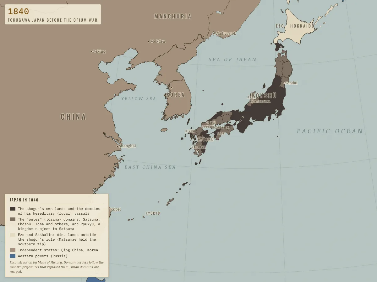 A map of Japan and its neighbours in 1840. Central Honshu, from the Edo plain to Osaka, and scattered lands elsewhere are dark charcoal; the outer domains in Kyushu, western Honshu, Shikoku and the far north are grey-brown; Ezo (Hokkaido) and Sakhalin are pale; China and Korea are tan.